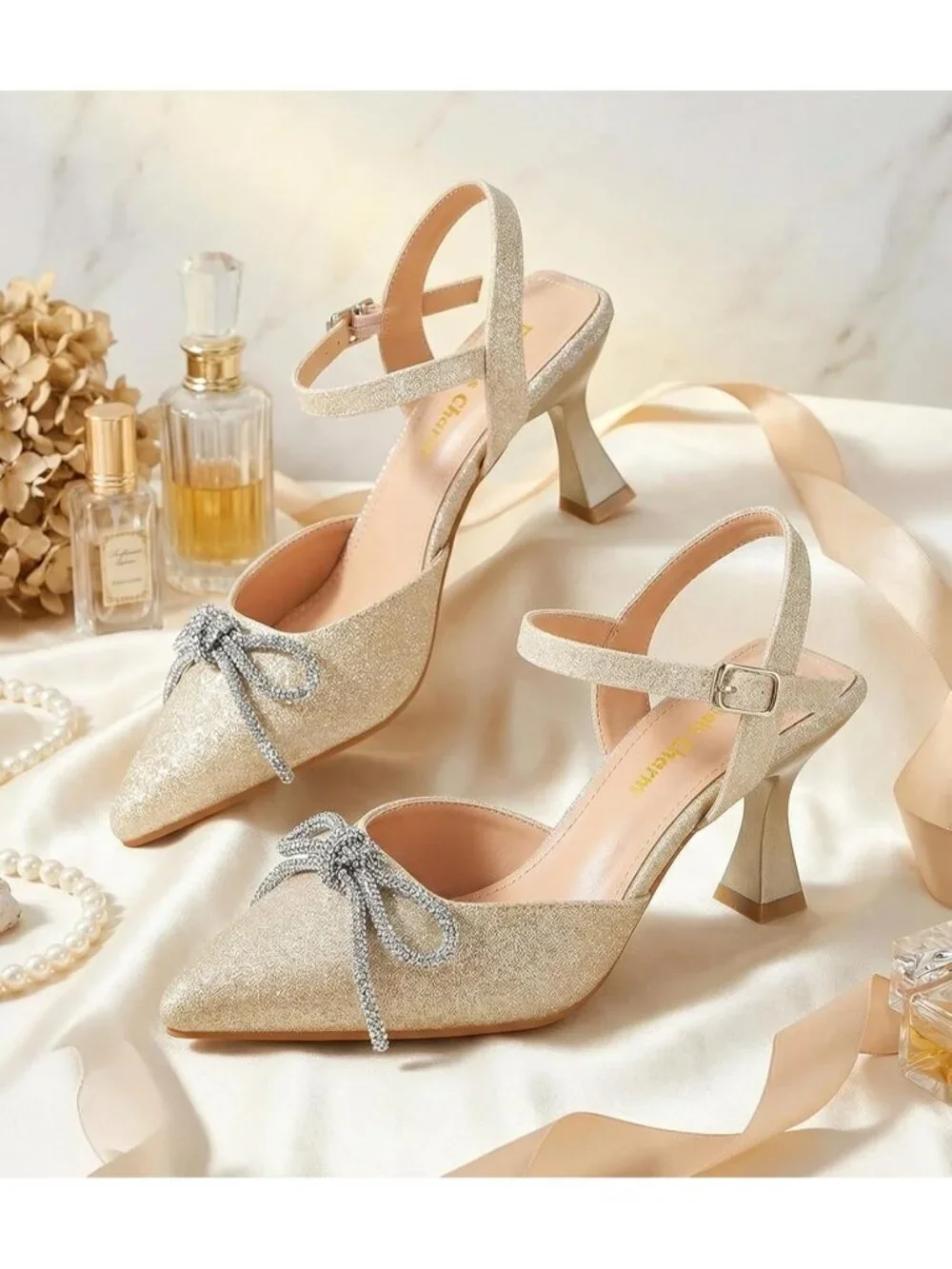 Women's Gold Stiletto Pumps Shoes Pointed Toe Ankle Strap High Heel Dress Shoes